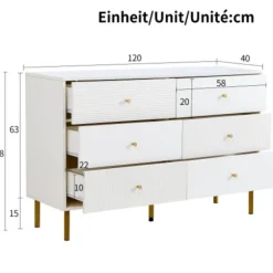 Kommode 120x40x78 cm med 6 skuffer - Hvid, zinklegeringshåndtag & stålben, MDF White