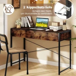 Kompakt computerbord med 2 skuffer, rustik brun