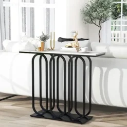 Konsolbord - COSTWAY - Entrémøbler med marmoreffekt - 100 x 30 x 80 CM - Sort metalstel, moderne chik stil Vit och svart