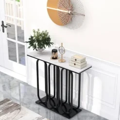 Konsolbord - COSTWAY - Entrémøbler med marmoreffekt - 100 x 30 x 80 CM - Sort metalstel, moderne chik stil Vit och svart