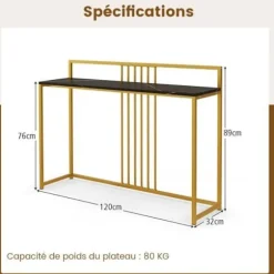 Konsolbord -COSTWAY- Marmortryk - 120 x 32 x 89 CM - Sort metalstel Moderne indgangsmøbler Svart och Guld