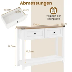Konsolbord med 2 skuffer og hylde, hvid, 106x30x81,5 cm