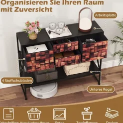 Konsolbord med 4 stofskuffer, metalstel, træmosaik