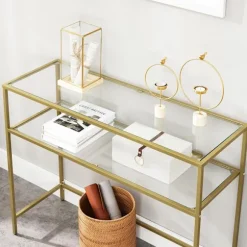 Konsolbord med glasplade og stålramme 100 cm - Guld