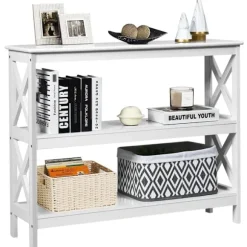 Konsolbord med hylde, industrielt design, hvid, 100x33x80 cm