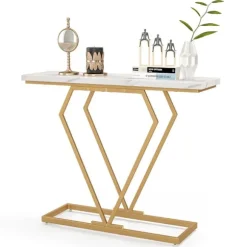 Konsolbord med marmorlook, guldstel, 100x29,5x80 cm