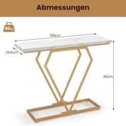 Konsolbord med marmorlook, guldstel, 100x29,5x80 cm