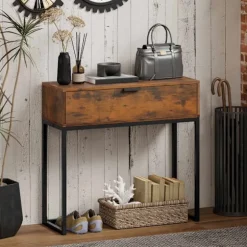 Konsolbord med skuffe, industrielt design, 80x30x76 cm, sort