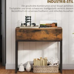 Konsolbord med skuffe, industrielt design, 80x30x76 cm, sort