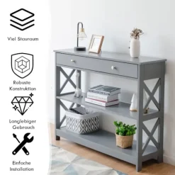 Konsolbord med skuffe, 3-lags, træ, 100x30x80 cm, grå