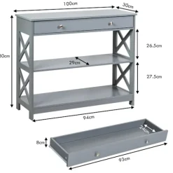 Konsolbord med skuffe, 3-lags, træ, 100x30x80 cm, grå