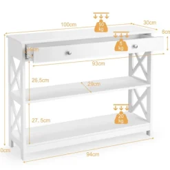 Konsolbord med skuffe og hylder, moderne MDF entrébord 100x30x80cm hvid