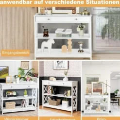 Konsolbord med skuffe og hylder, moderne MDF entrébord 100x30x80cm hvid