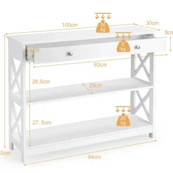 Konsolbord med skuffe og hylder, hvid MDF, 100x30x80 cm