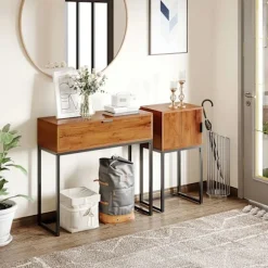 Konsolbord Med Skuffe, Sofabord, Hallbord I Industrielt Design, Sidebord Til Entré, Stue, Entre, Stål, Natur, 80 X 30 X 76 Cm