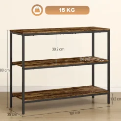 Konsolbord, sidebord med 3 etagers hylde, spånplade, metal, lysebrun