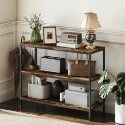 Konsolbord, sidebord med 3 etagers hylde, spånplade, metal, lysebrun