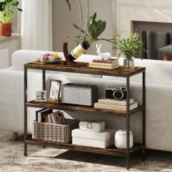 Konsolbord, sidebord med 3 etagers hylde, spånplade, metal, lysebrun