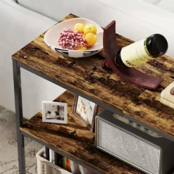 Konsolbord, sidebord med 3 etagers hylde, spånplade, metal, lysebrun