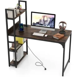 Kontor med Stikkontakt - COSTWAY - Bibliotek - Strømstik - USB A-port - Type-C-port Metalramme - Brun