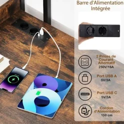 Kontor med Stikkontakt - COSTWAY - Bibliotek - Strømstik - USB A-port - Type-C-port Metalramme - Brun