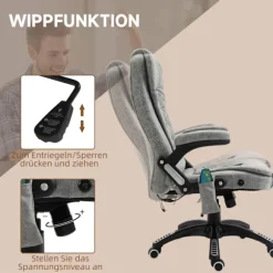 Kontorstol med massage- og varmefunktion, Ergonomisk, Højdejusterbar, Glat, 6 Massagepunkter, 68W x 72D x 110-120H cm, Grå