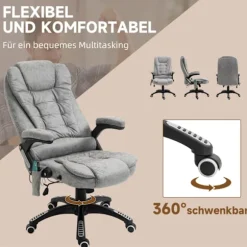 Kontorstol med massage- og varmefunktion, Ergonomisk, Højdejusterbar, Glat, 6 Massagepunkter, 68W x 72D x 110-120H cm, Grå