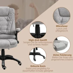Kontorstol med massage- og varmefunktion, Ergonomisk, Højdejusterbar, Glat, 6 Massagepunkter, 68W x 72D x 110-120H cm, Grå