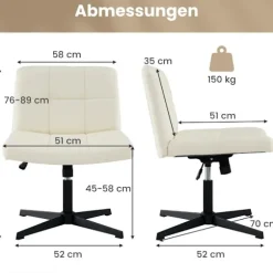 Kontorstol uden armlæn Skrivebordsstol med bredt sæde & Rocker funktion imiteret læder til hjemmekontoret beige