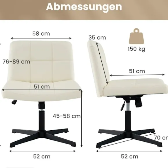 Kontorstol uden armlæn Skrivebordsstol med bredt sæde & Rocker funktion imiteret læder til hjemmekontoret beige