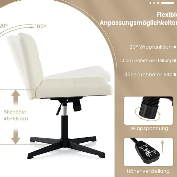 Kontorstol uden armlæn Skrivebordsstol med bredt sæde & Rocker funktion imiteret læder til hjemmekontoret beige