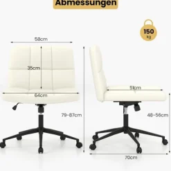 Kontorstol uden armlæn Skrivebordsstol med bredt sæde 360° roterende kunstlæder til hjemmekontor beige