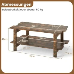 2-lags sofabord med hylde – brunt træ, 115 cm