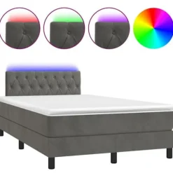 Lamelseng med madras - Eksklusivt hjem - 120x190 cm - Mørkegrå fløjl - Farvet LED-bånd