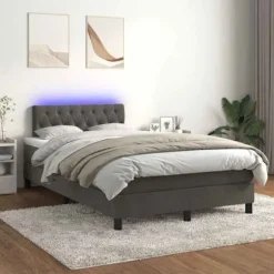 Lamelseng med madras - Eksklusivt hjem - 120x190 cm - Mørkegrå fløjl - Farvet LED-bånd