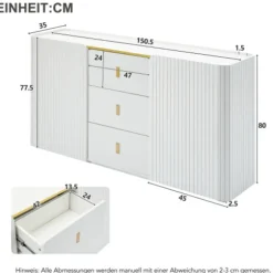 LED Skænk 150 cm Bred Med 2 Døre & 2 Skuffer, Multifunktionel Kommode & Highboard Med Belysning White
