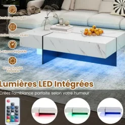 LED Sofabord COSTWAY 120 x 70 x 35 cm, 3 Opbevaringsskuffer, Rektangulært Møbel til Stuen, Hvid Marmorimitationsfinish Hvid
