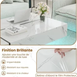 LED Sofabord COSTWAY 120 x 70 x 35 cm, 3 Opbevaringsskuffer, Rektangulært Møbel til Stuen, Hvid Marmorimitationsfinish Hvid