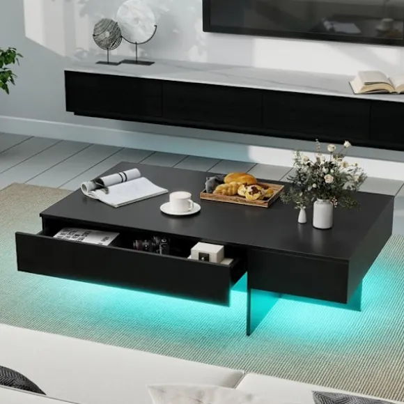LED Sofabord COSTWAY 120 x 70 x 35 cm, 3 Opbevaringsskuffer, Rektangulært Møbel til Stuen, Sort Marmorlook Sort