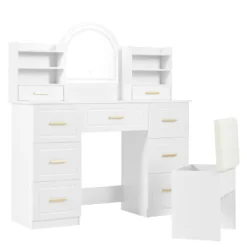 LED toiletbord med spejl, 9 skuffer, belysning, makeupbord, 120x40cm, hvid til soveværelse og stue White