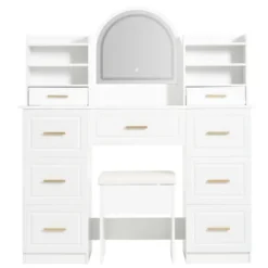 LED toiletbord med spejl, 9 skuffer, belysning, makeupbord, 120x40cm, hvid til soveværelse og stue White