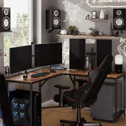 L-formet Computerbord, Hjørnebord til Studier, Hjemmekontor, Spil, Pladsbesparende, Nem Montering, Industrielt Design, Rustikbrun og Sort