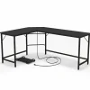 L-formet computerbord med stikkontakt & CPU Stand & Robust metalramme hjørnebord sort