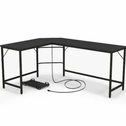 L-formet computerbord med stikkontakt & CPU Stand & Robust metalramme hjørnebord sort