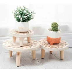 Lille rund træ blomsterpottestand, mini skammel, udstillingsstand til sukkulenter, bonsai, potteplanter, rustik blomsterpottestand