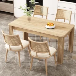 Lænestol med rattanryglæn og PU-sæde, beige stue stol til soveværelse og opholdsområde Beige