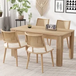 Lænestol med rattanryglæn og PU-sæde, beige stue stol til soveværelse og opholdsområde Beige