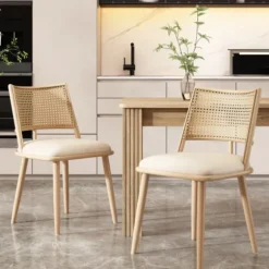 Lænestol med rattanryglæn og PU-sæde, beige stue stol til soveværelse og opholdsområde Beige
