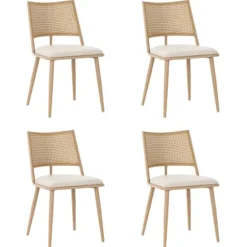 Lænestol med rattanryglæn og PU-sæde, beige stue stol til soveværelse og opholdsområde Beige