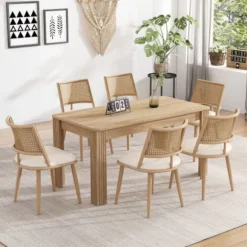 Lænestol med rattanryglæn og PU-sæde, beige stue stol til soveværelse og opholdsområde Beige